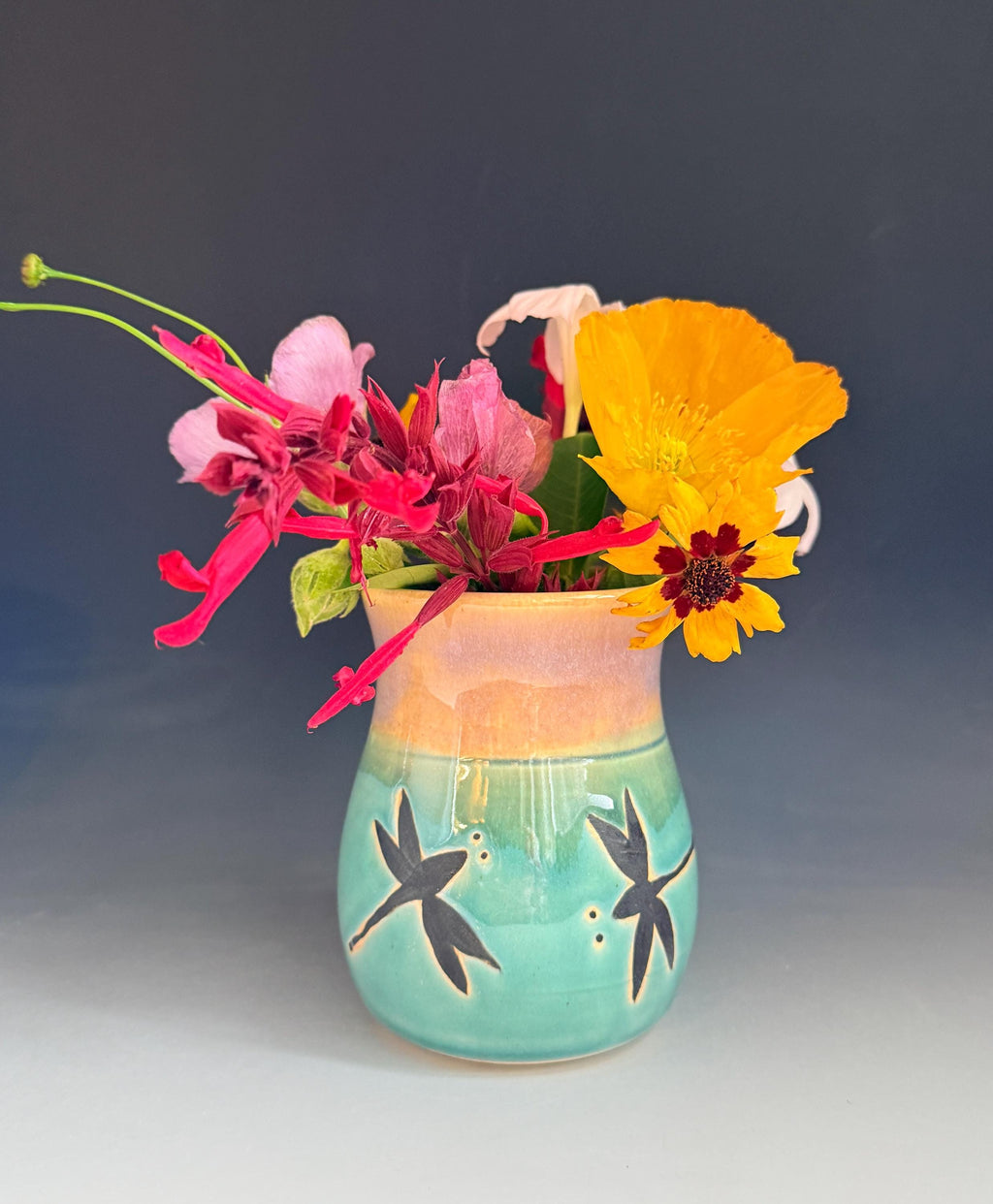 Handmade Dragonfly Pottery Vase: Blue Stoneware Bud Vase. Made In USA.