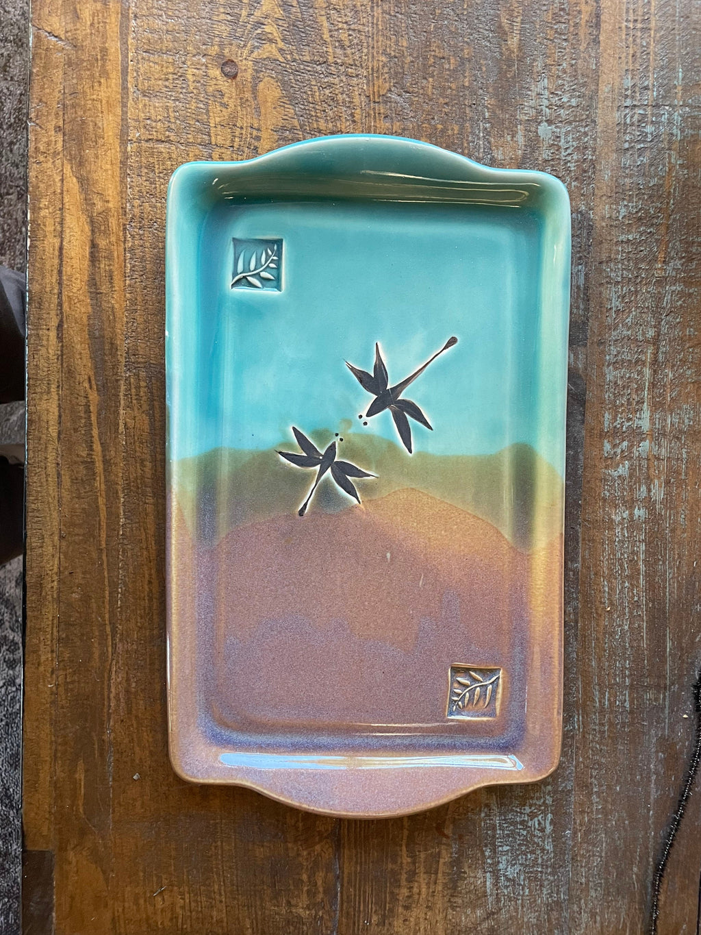 Handmade Teal Dragonfly Pottery Tray: Stoneware Charcuterie Platter. Made in Colorado.