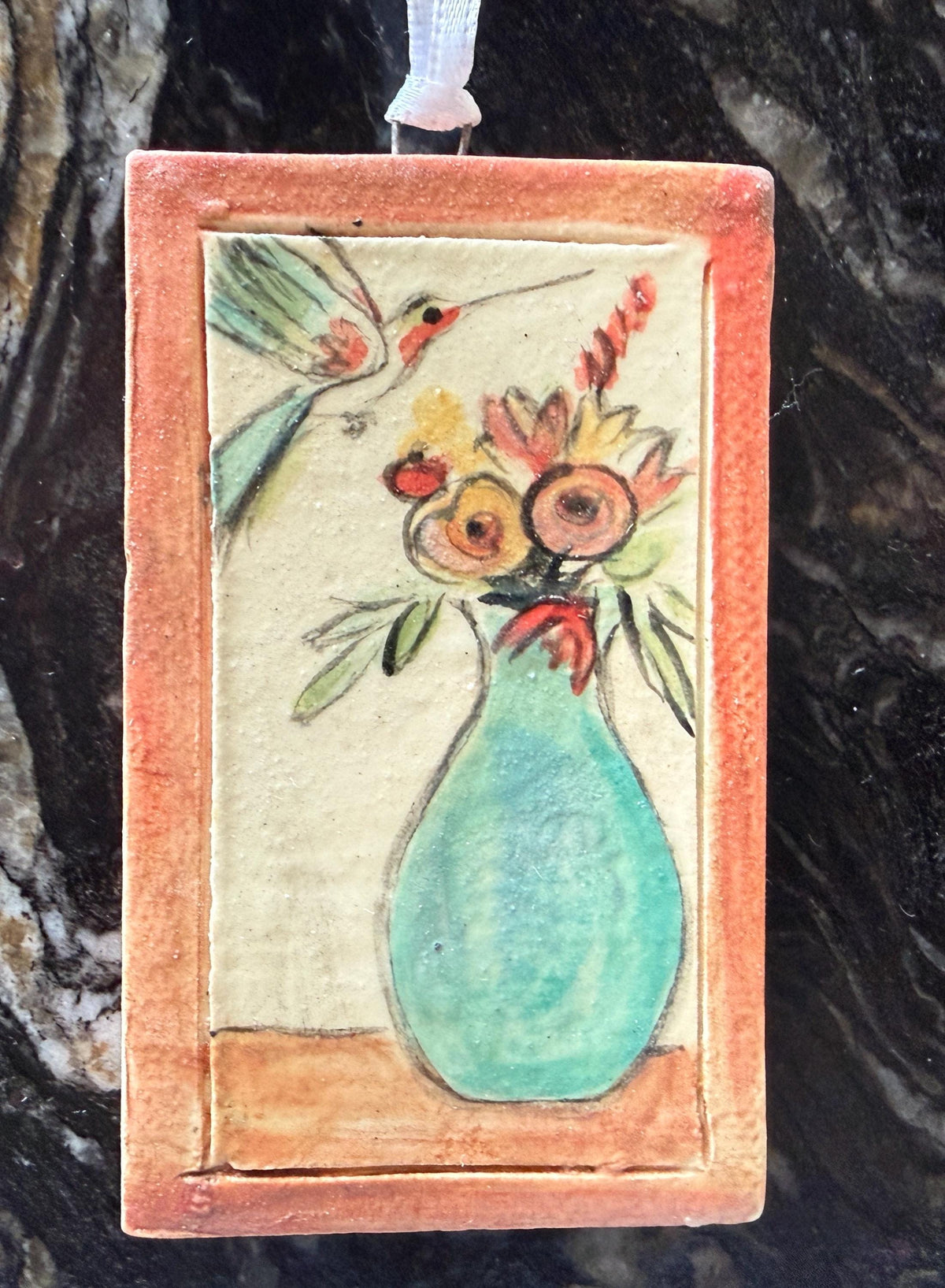 Hand Painted Ceramic Tile: Hummingbird Floral Art. Small ceramic tile. Humming bird and floral still life.
