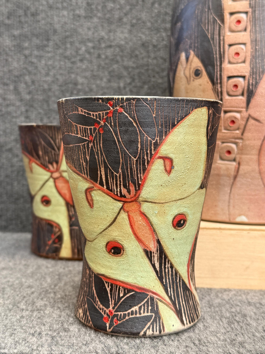 Handmade Pottery Luna Moth tumbler. Free fast, Shipping. Hand Painted Luna Cup. Petite pottery Valentine vase.