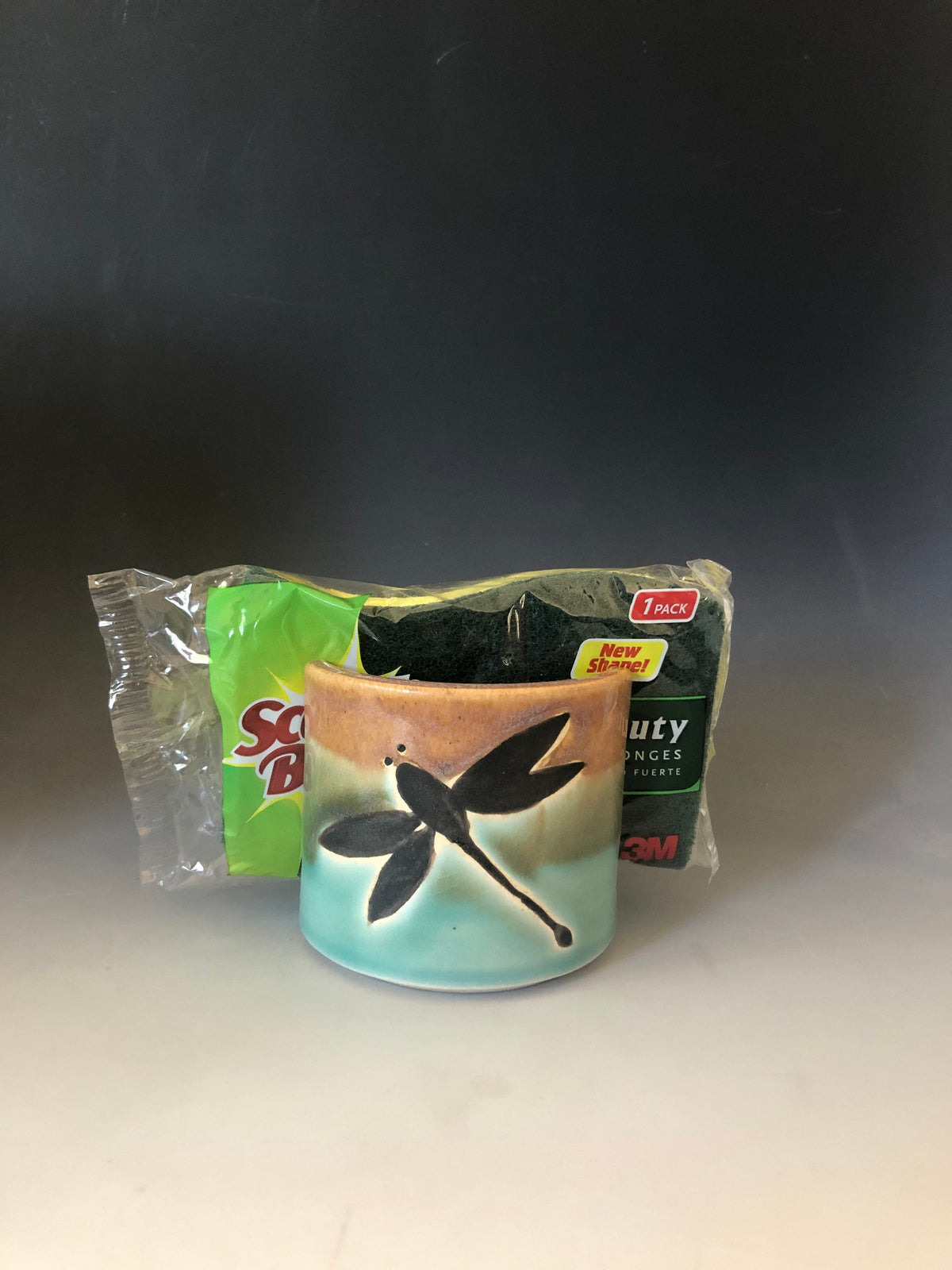 Pottery sponge holder, with hand painted Dragonflies.Kitchen decor.