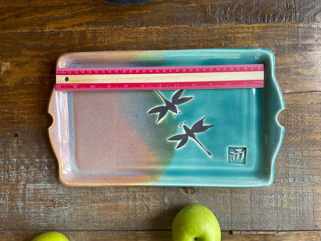 Handmade Teal Dragonfly Pottery Tray: Stoneware Charcuterie Platter. Made in Colorado.