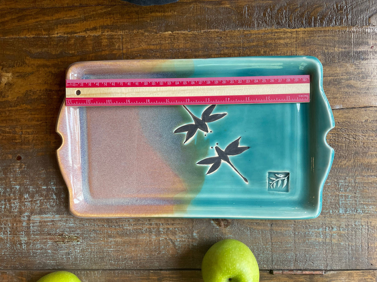 Handmade Teal Dragonfly Pottery Tray: Stoneware Charcuterie Platter. Made in Colorado.