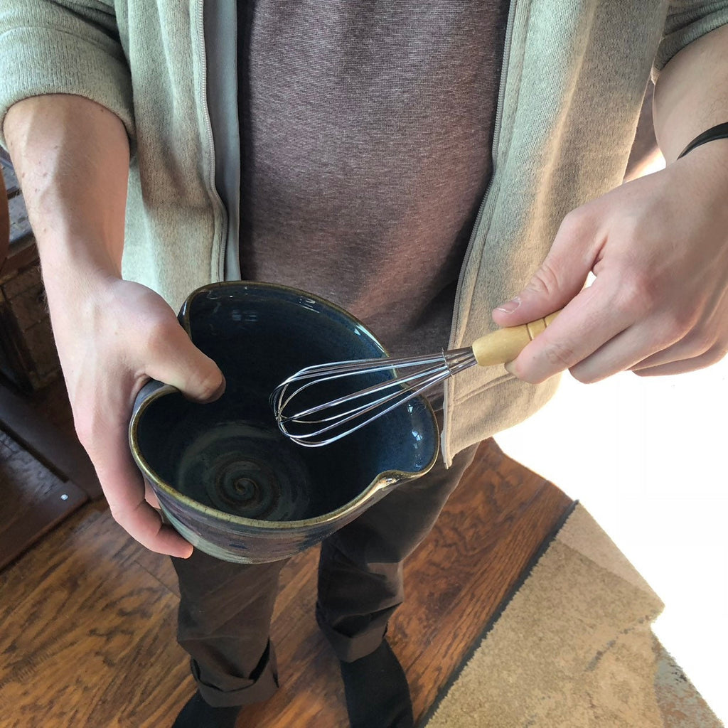 Blue pottery mixing bowl. Ergonomic pottery batter bowl. Gift for Chef. Gift set for Dad. Blue pancake bowl.Made in the USA.