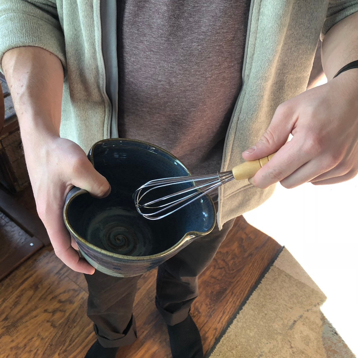 Blue pottery mixing bowl. Ergonomic pottery batter bowl. Gift for Chef. Gift set for Dad. Blue pancake bowl.Made in the USA.