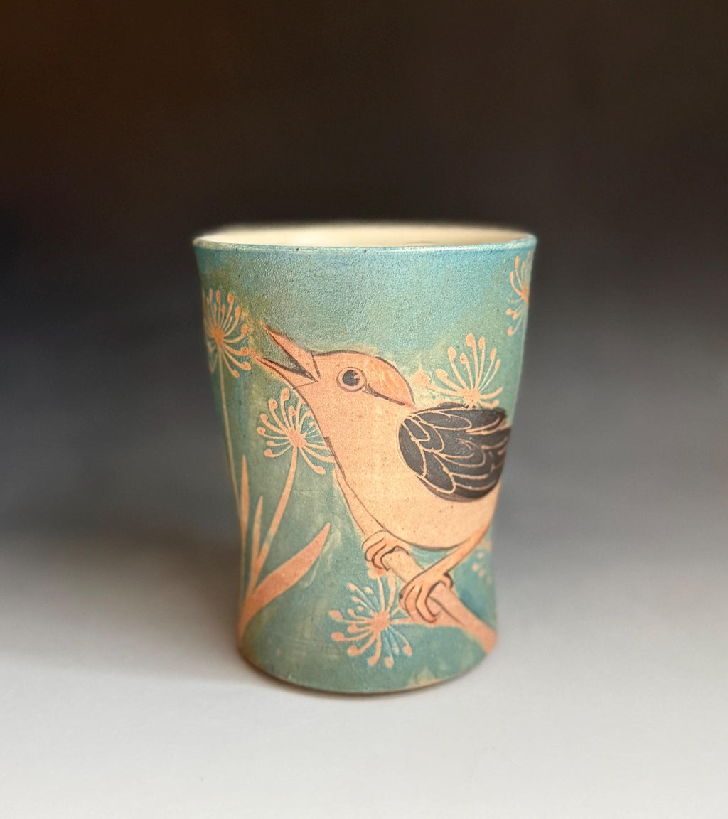 Handmade pottery Bird tumbler. 5 inch tall 3inch wide Pottery Vase.  Hand drawn bird water glass with flowers.