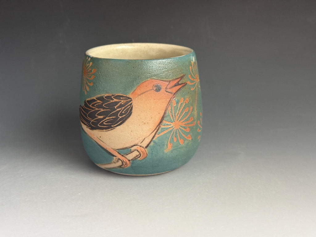 Handmade Pottery Coffee Cup: Bird Design, Soda Fired. Tea bowl, Wine cup. Hand drawn Yunomi.
