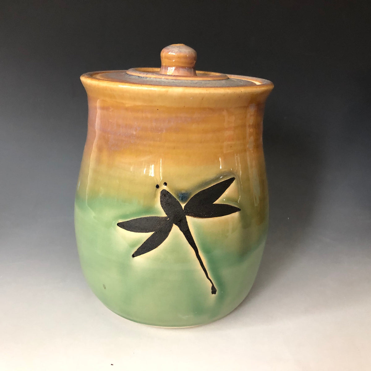 Handmade Pottery Cookie Jar. Dragonfly Kitchen Storage Container. Mint green kitchen crock. 5.5 inch coffee jar.