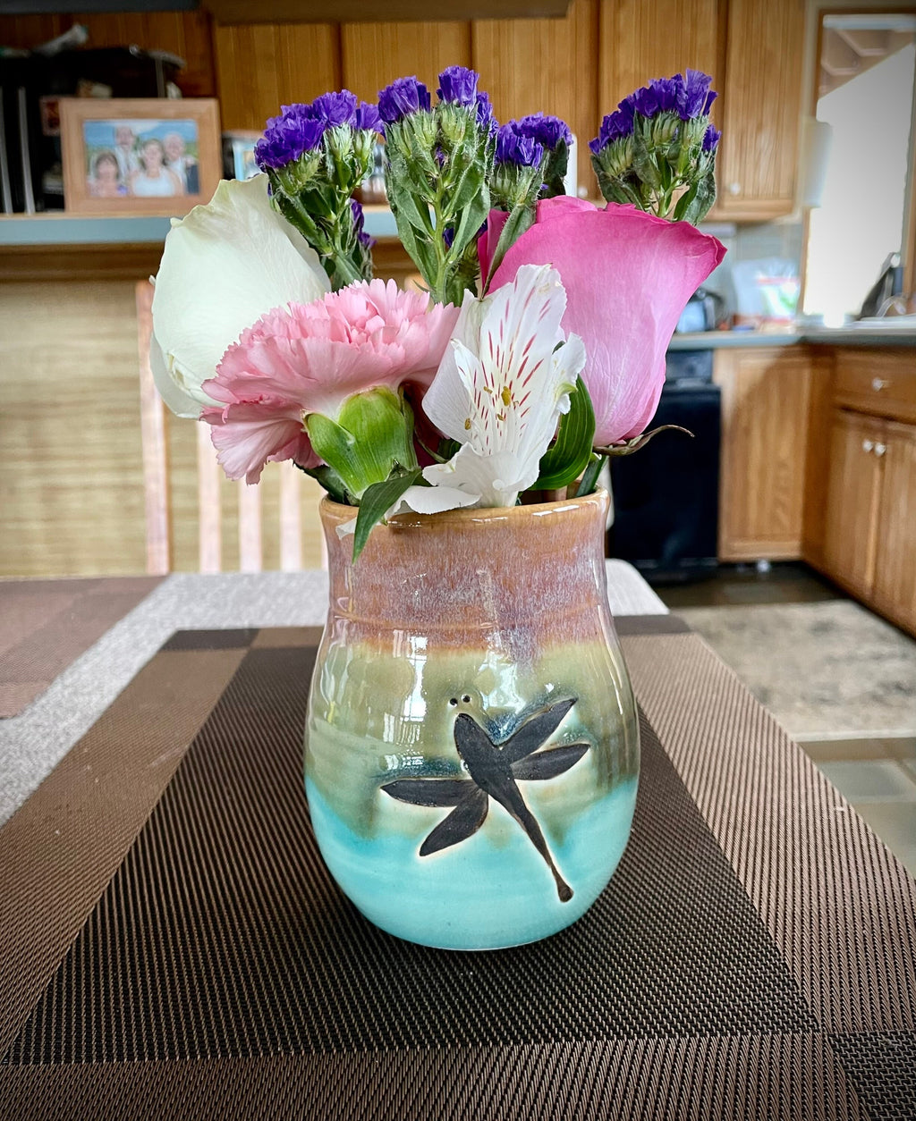 Handmade pottery vase for Mother's Day gift. 5 inch Dragonfly Art Deco Vase.