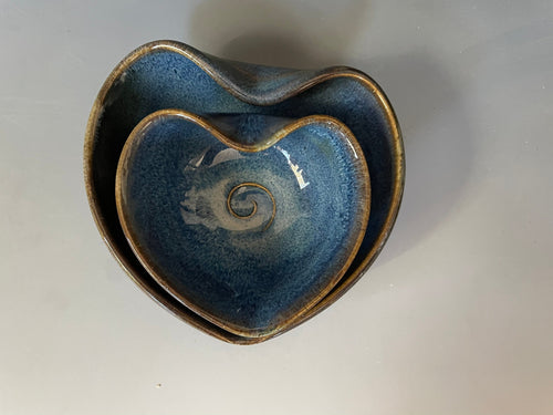 Blue Pottery Heart Nesting Bowls: Handmade Ceramic Set. Wedding gift. valentine gift