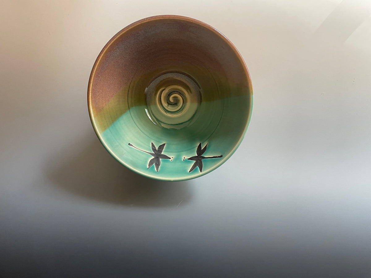 Handmade Ceramic Dragonfly Bowl: Teal Glaze Pottery, 8 inch
