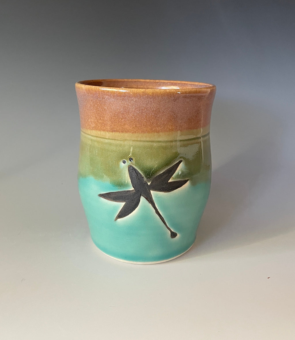 Hand Painted Pottery Dragonfly Vase, Teal Opal Glaze. Utensil jar. tool caddy. 6.5 inches tall
