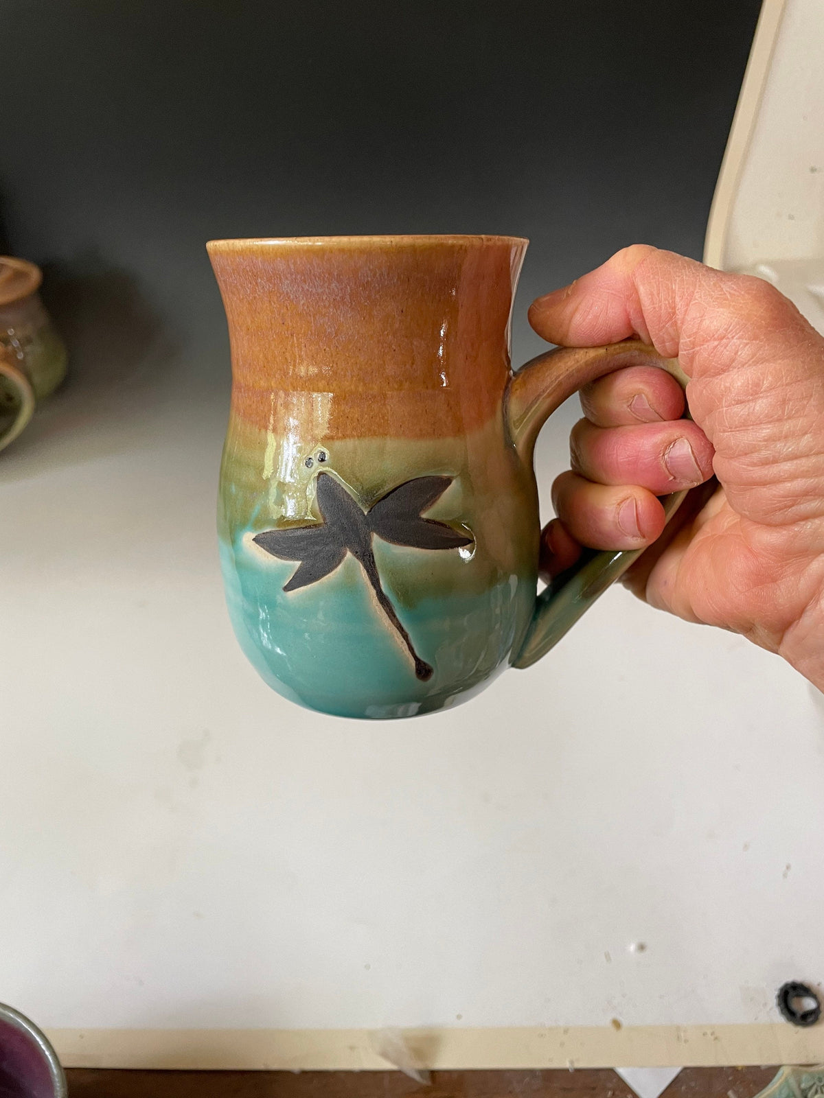 Handmade pottery mug. Ceramic Dragonfly 10- 12 ounce coffee cup with fast shipping.