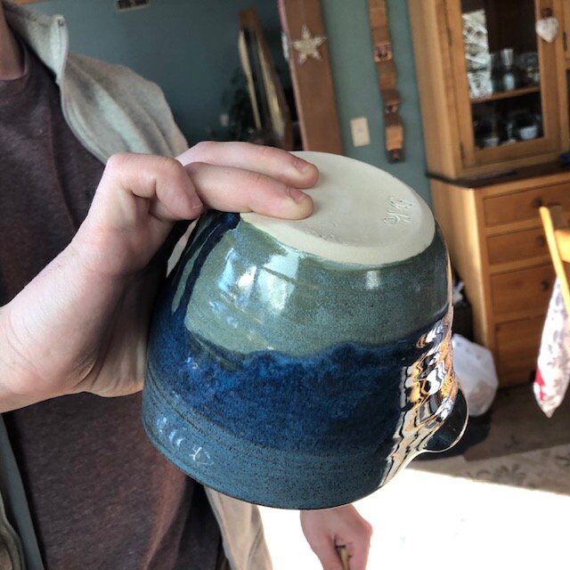 Blue pottery mixing bowl. Ergonomic pottery batter bowl. Gift for Chef. Gift set for Dad. Blue pancake bowl.Made in the USA.