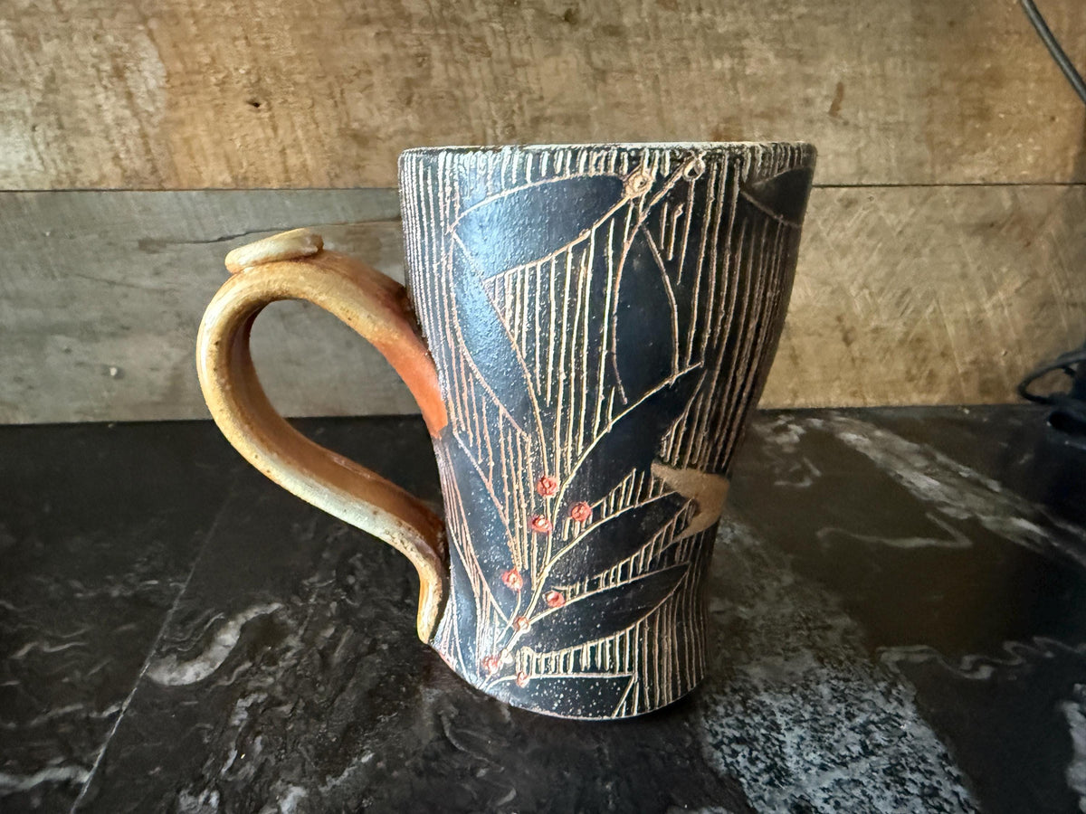 Handmade pottery bird coffee cup, 10 ounce soda fired mug.