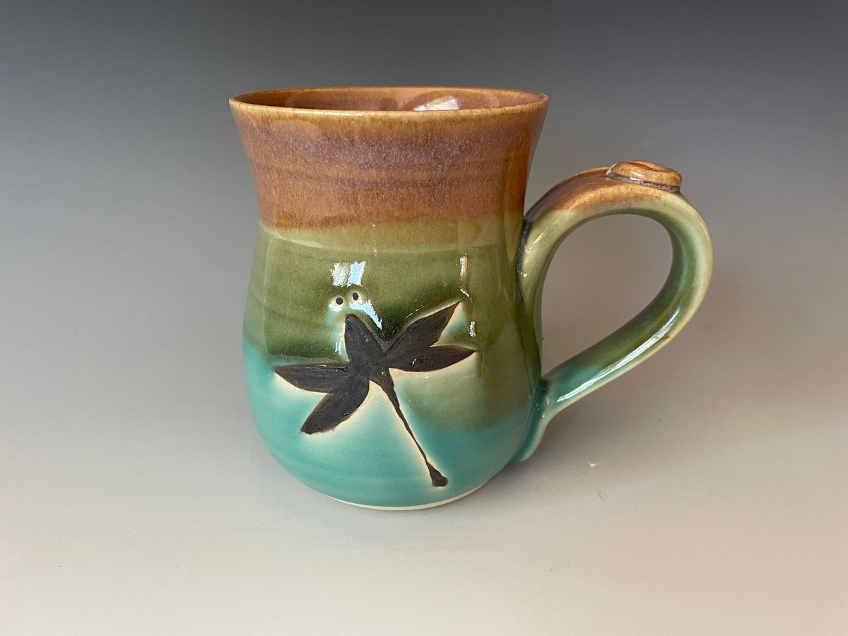 Handmade Dragonfly Mug: Hand-Painted Stoneware Coffee Cup. 12 ounce pottery coffee cup