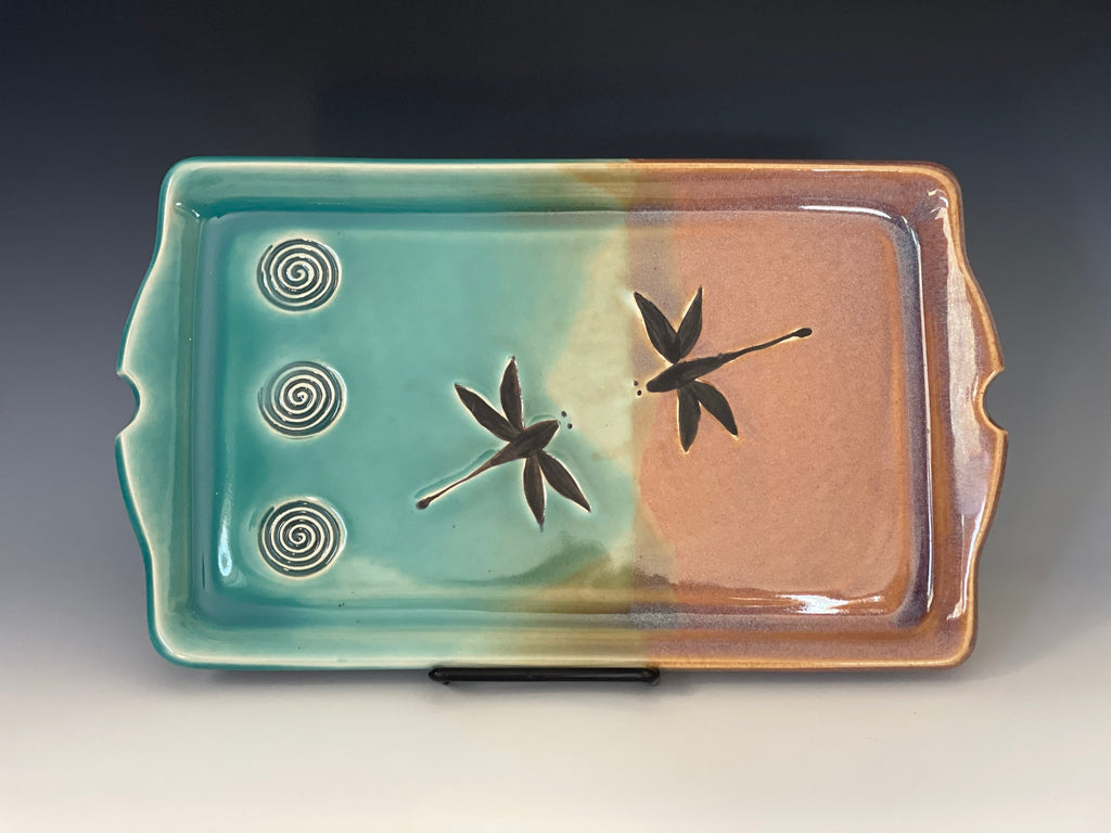 Handmade Teal Dragonfly Pottery Tray: Stoneware Charcuterie Platter. Made in Colorado.