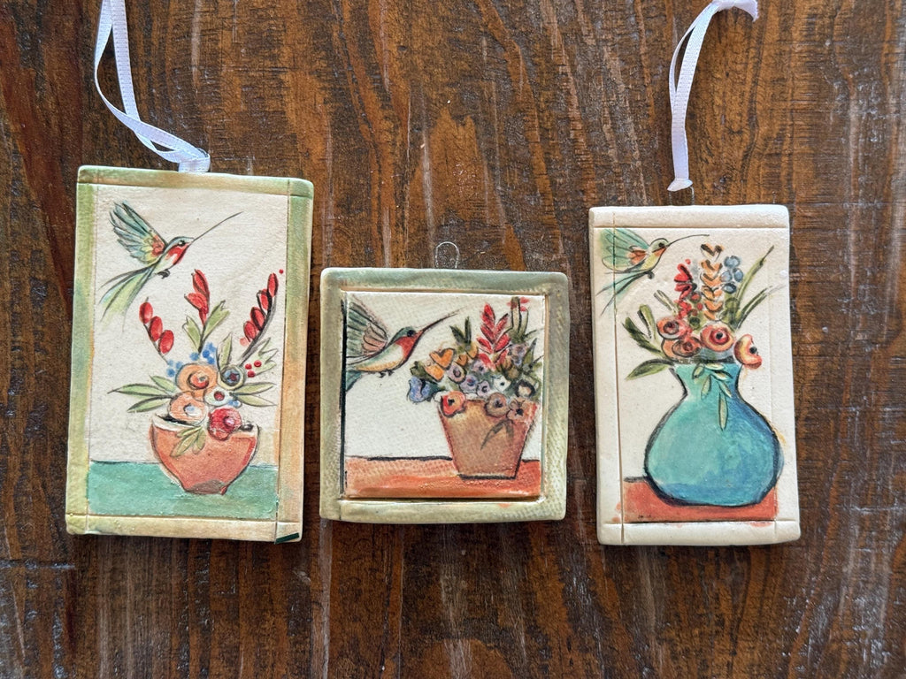 Hand Painted Ceramic Tile: Hummingbird Floral Art. Small ceramic tile. Humming bird and floral still life.