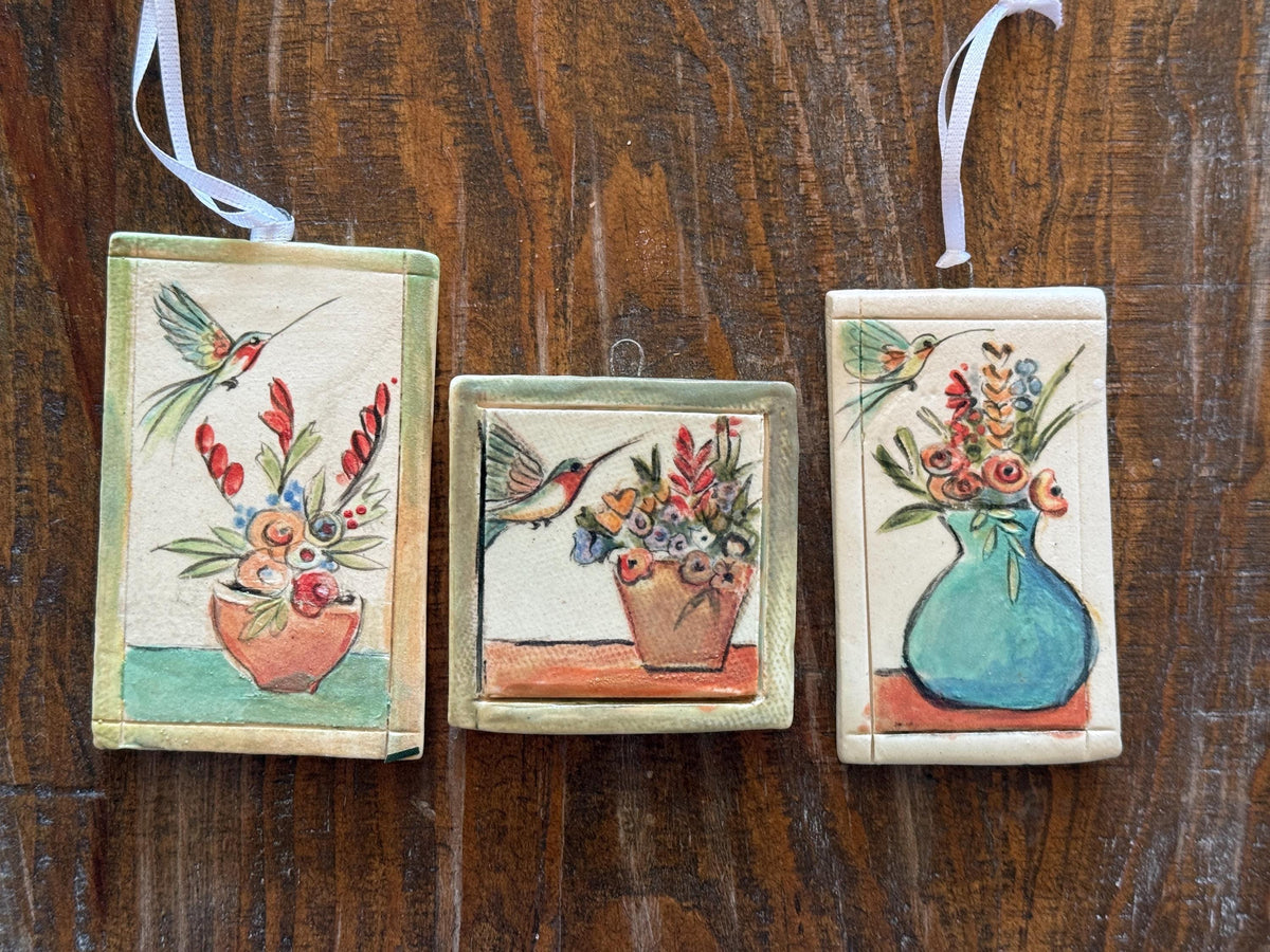 Hand Painted Ceramic Tile: Hummingbird Floral Art. Small ceramic tile. Humming bird and floral still life.