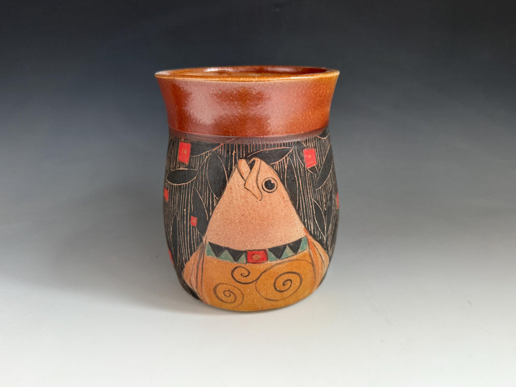 Art Nouveau Fish Vase, Hand-Painted Sgraffito Soda Fired Pottery