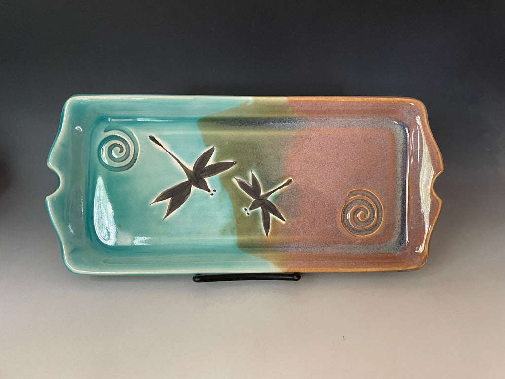 Dragonfly Pottery Charcuterie Tray: Teal Opal Glaze, Stoneware Serving Dish