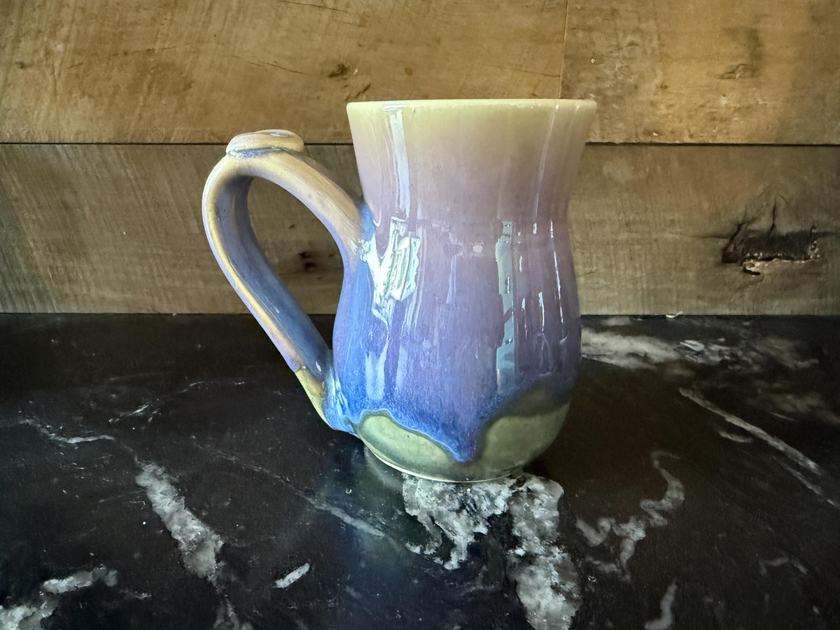 Handmade pottery Lilac and blue coffee Cup, 12 -14 ounce ceramic mug with thumb rest.Multi colored mug. Made in the U.S.A.