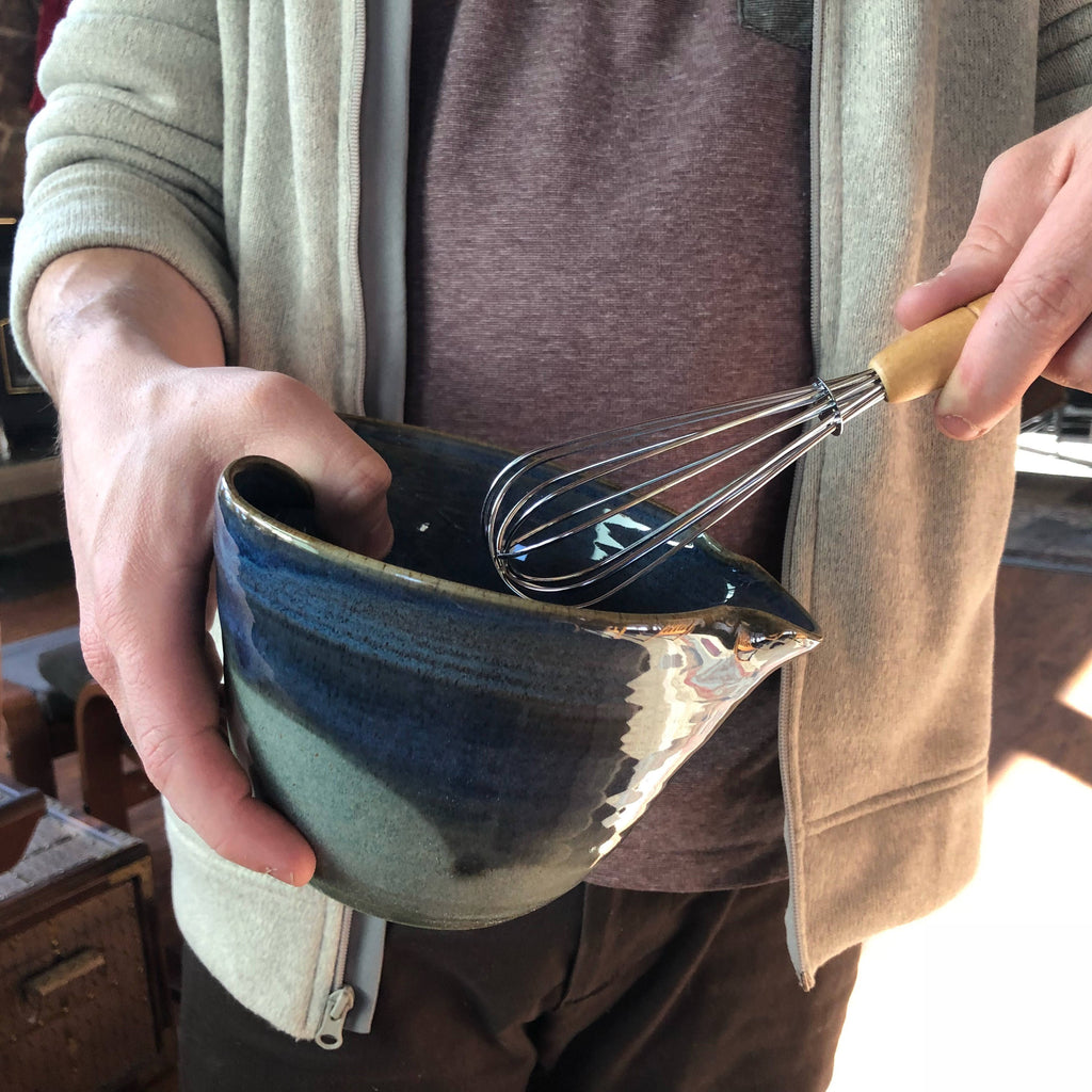 Blue Pottery Mixing Bowl with Whisk: Handmade Ceramic Batter Bowl