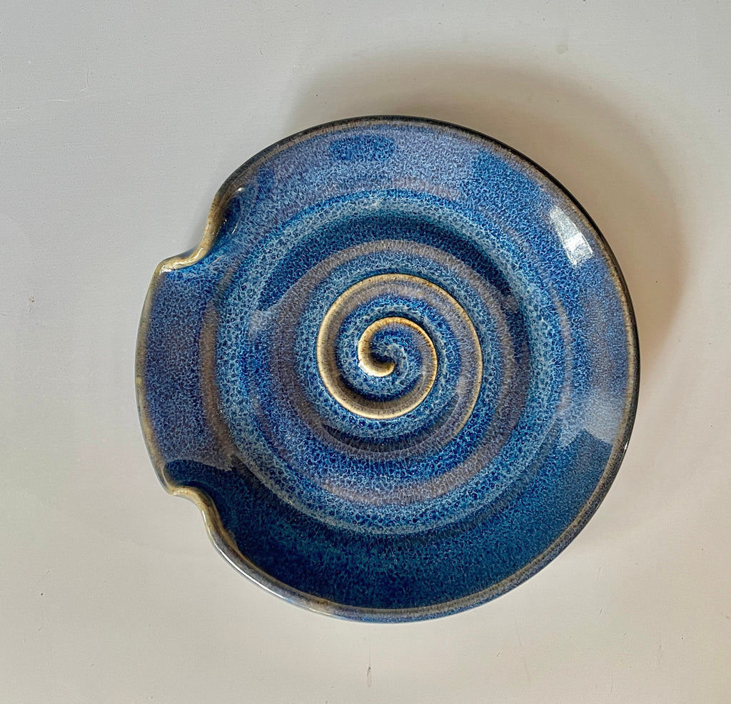 Ceramic spoon rest. Blue stove top pottery dish. Gifts under 30.dish for utensils. Kitchen decor.