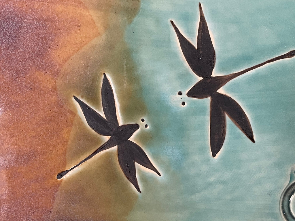 Handmade Teal Dragonfly Pottery Tray: Stoneware Charcuterie Platter. Made in Colorado.