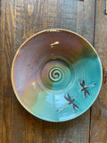 Handmade pottery platter. Dragonfly large ceramic dish. Pottery 12 inch by 2.5 inch fruit bowl.