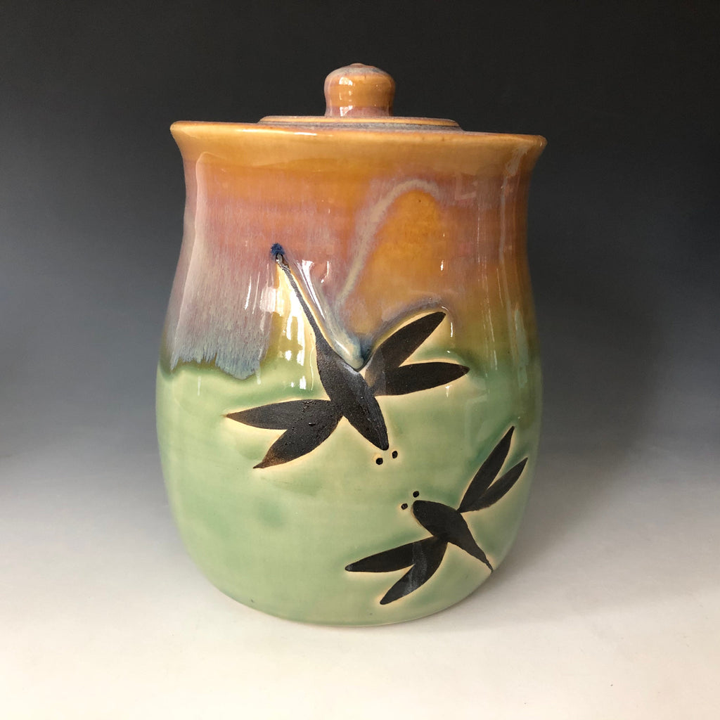 Handmade Pottery Cookie Jar. Dragonfly Kitchen Storage Container. Mint green kitchen crock. 5.5 inch coffee jar.