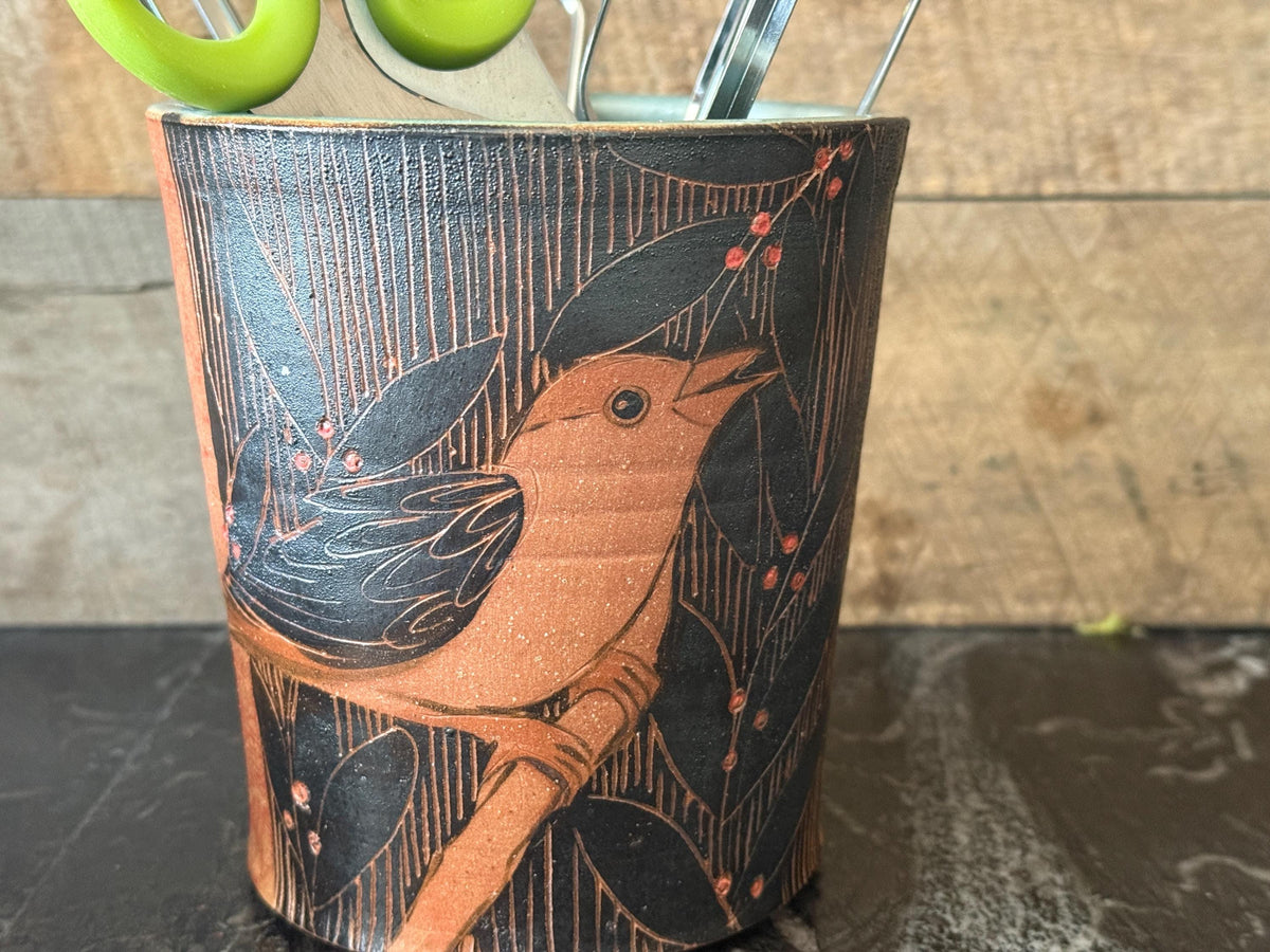 Handmade pottery tool caddy. Pottery bird vase. Ceramic bird vase. 6 inch kitchen crock.