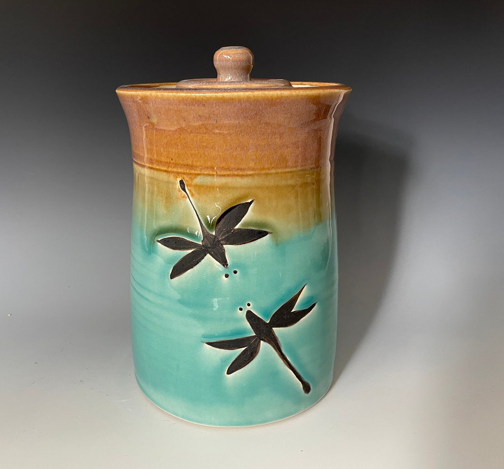 Dragonfly cookie jar 6 inches tall. beige and Turquoise colors .Fast shipping Kitchen container.Spring decor.