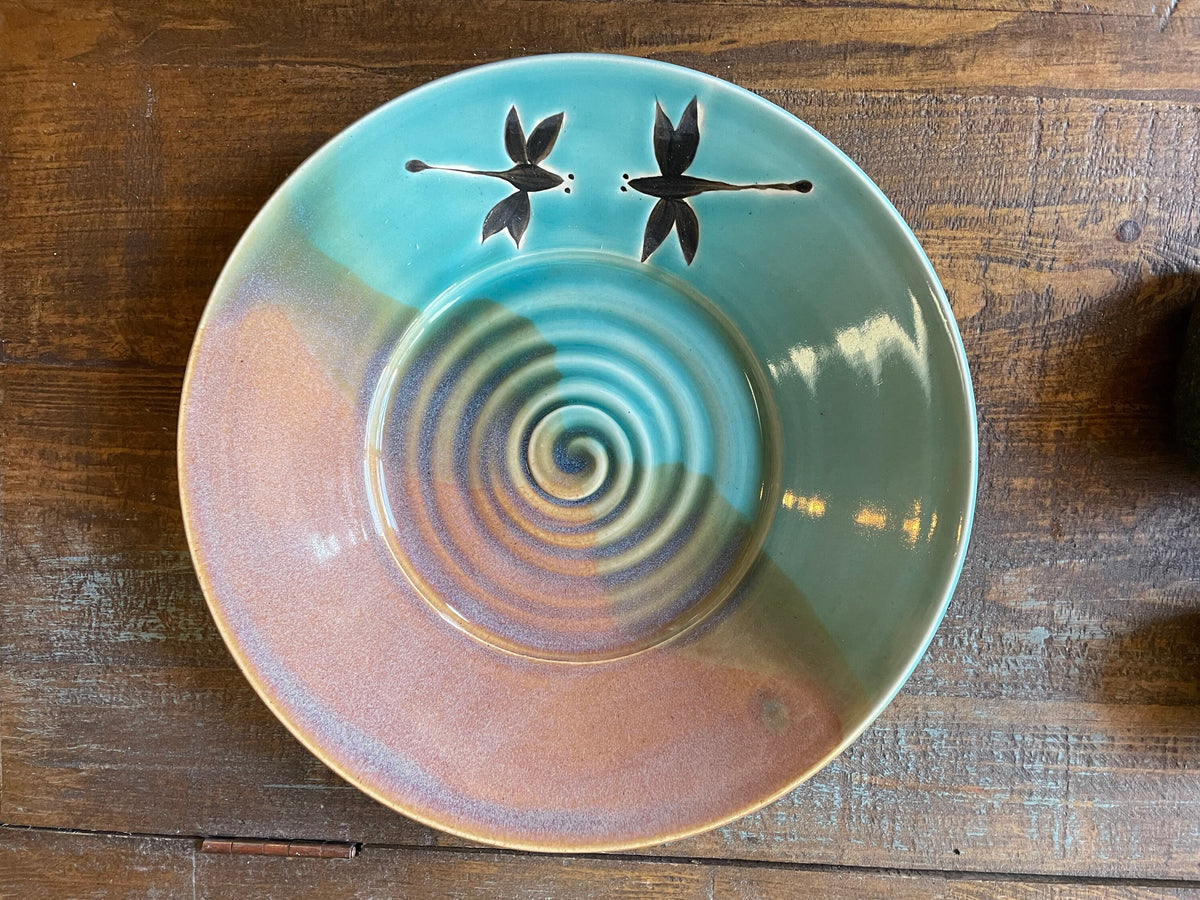 Handmade pottery platter. Dragonfly large ceramic dish. Pottery 12 inch by 2.5 inch fruit bowl.
