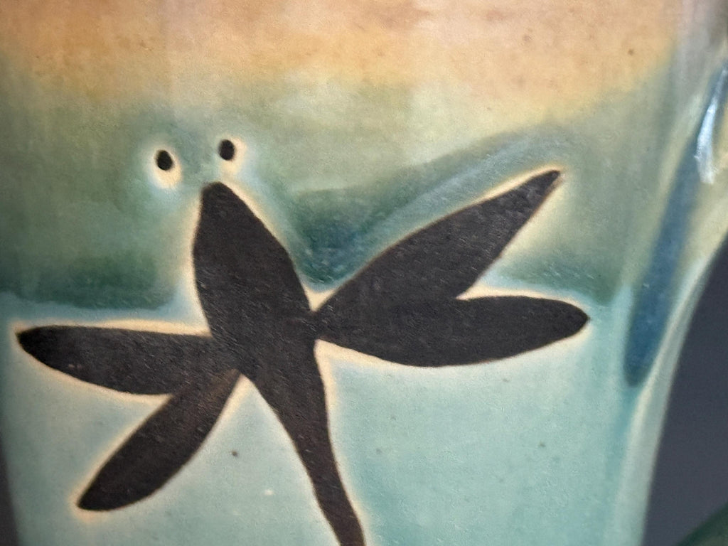 Dragonfly coffee cup, handmade pottery mug.Free fast shipping Mother's Day Gift.