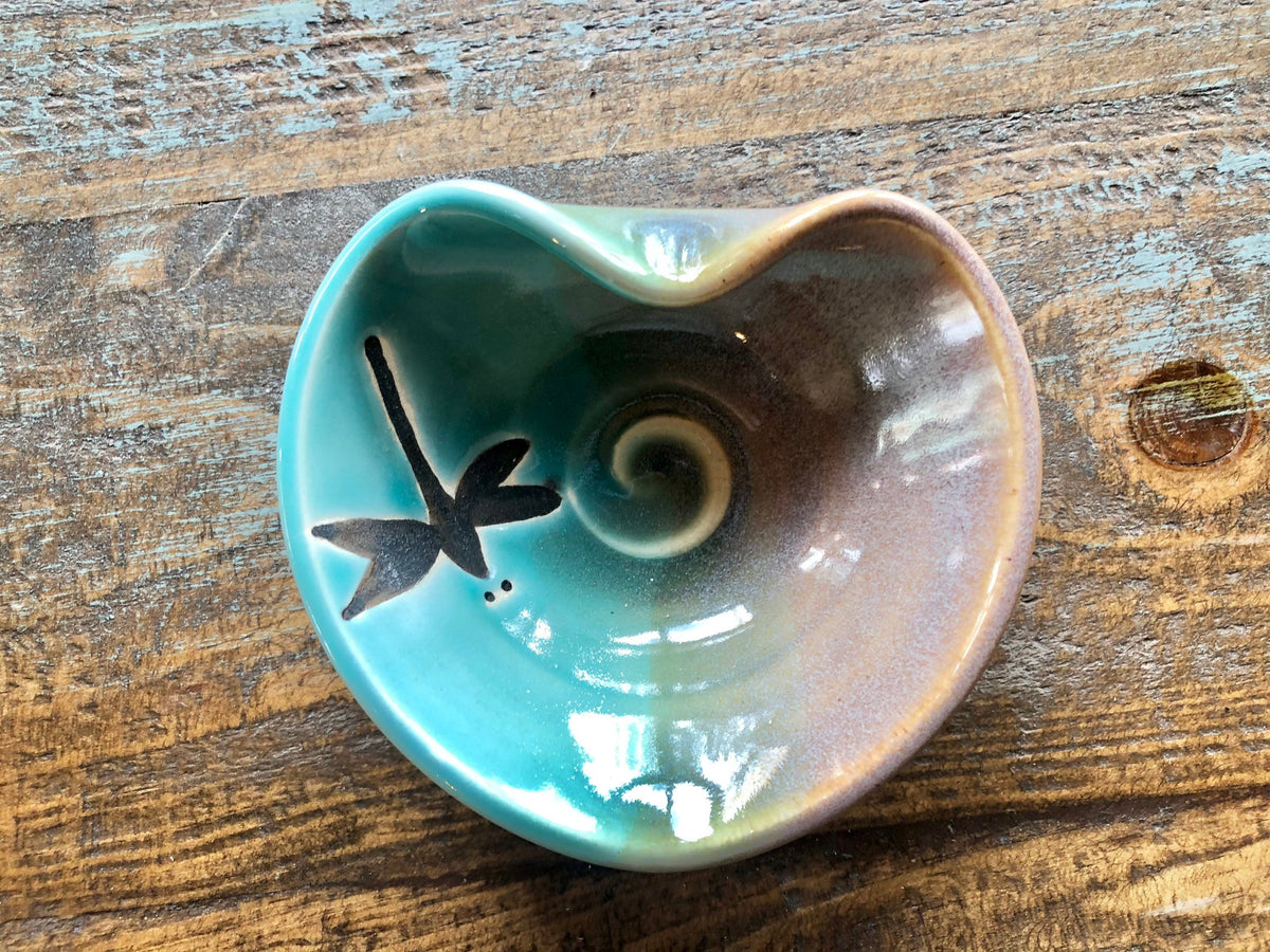 Hand Painted Pottery Dragonfly Heart Dish: Teal Opal Glaze