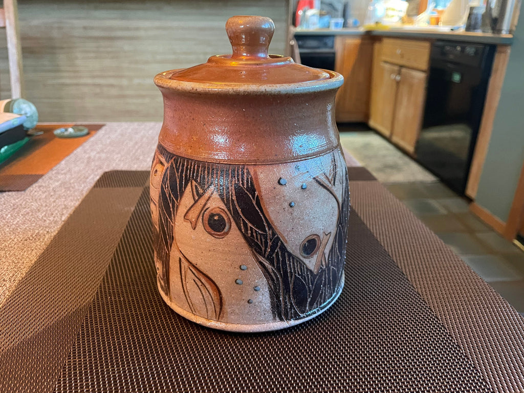 Unique handmade pottery jar, fish pottery utensil  jar, small crock for tools.