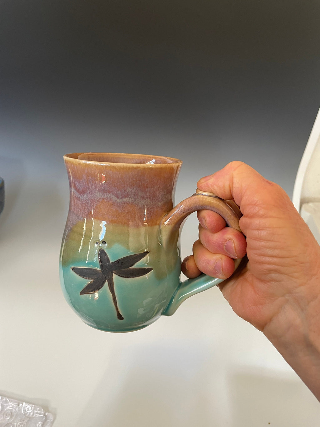 Handmade Dragonfly Mug: Hand-Painted Stoneware Coffee Cup. 12 ounce pottery coffee cup