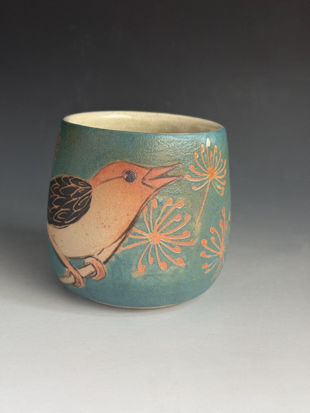 Handmade Pottery Coffee Cup: Bird Design, Soda Fired. Tea bowl, Wine cup. Hand drawn Yunomi.
