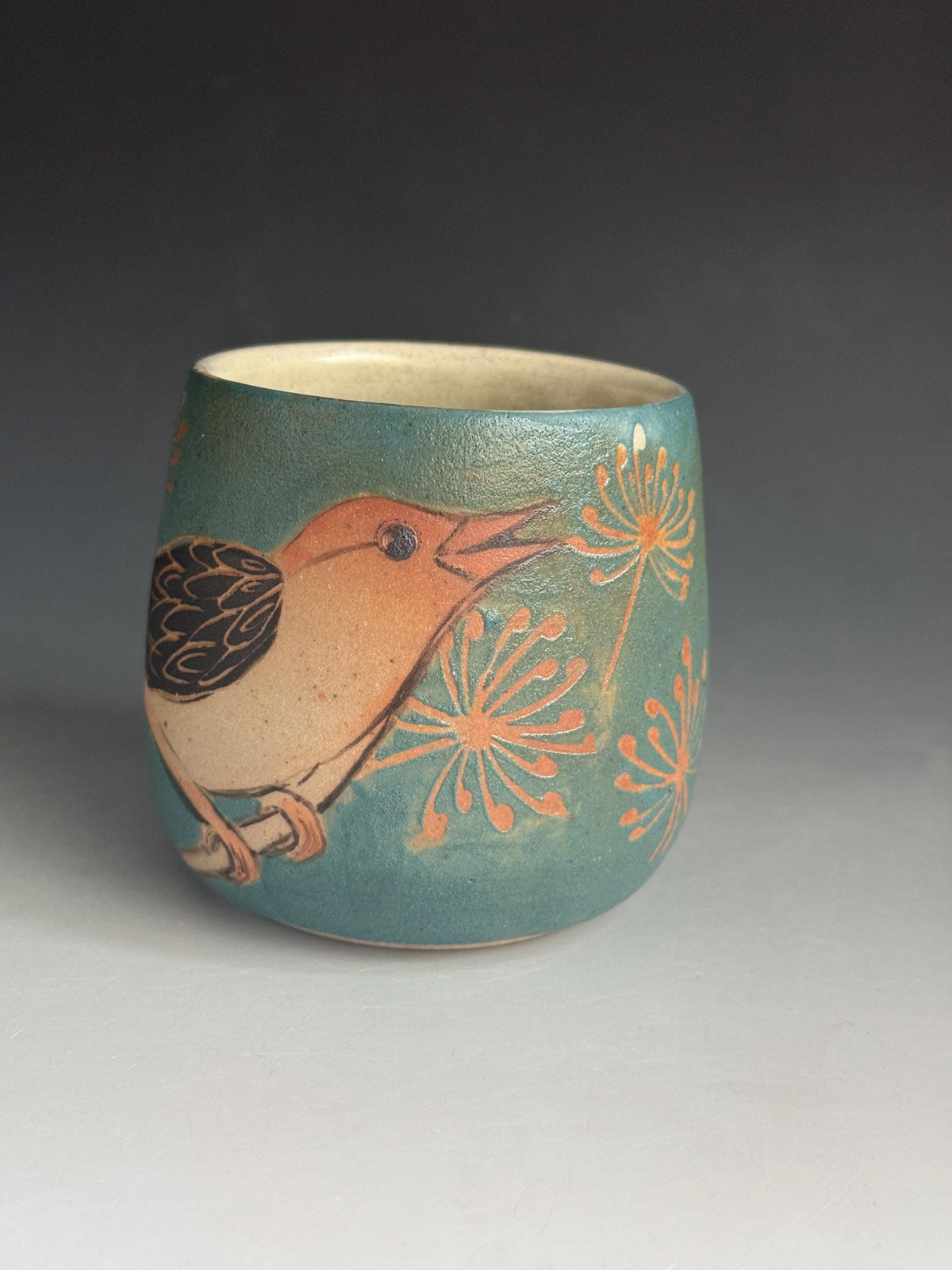 Handmade Pottery Coffee Cup: Bird Design, Soda Fired. Tea bowl, Wine cup. Hand drawn Yunomi.