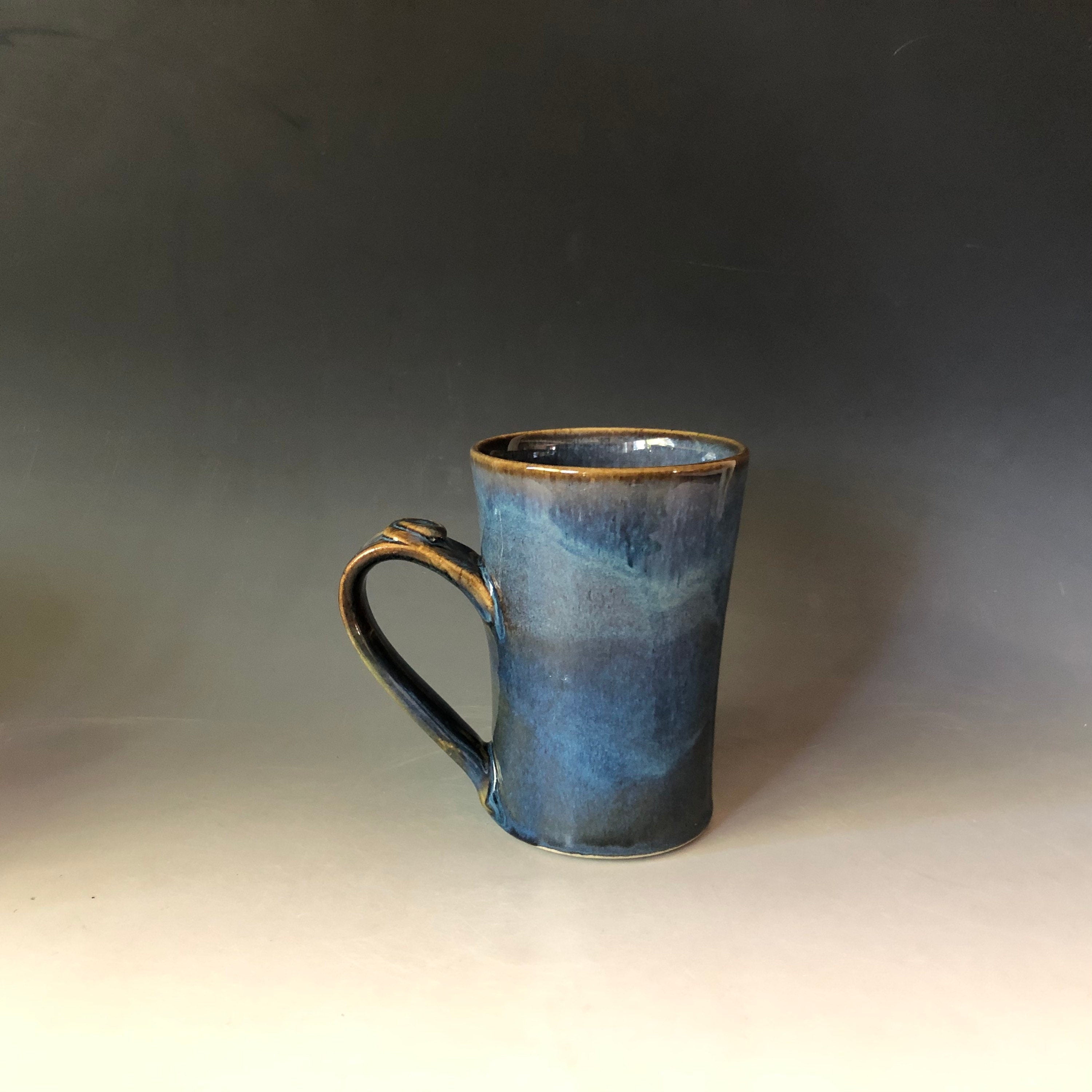 Blue pottery mug. Ceramic tea cup with thumb hold. Gift for Dad. Handmade pottery cup.
