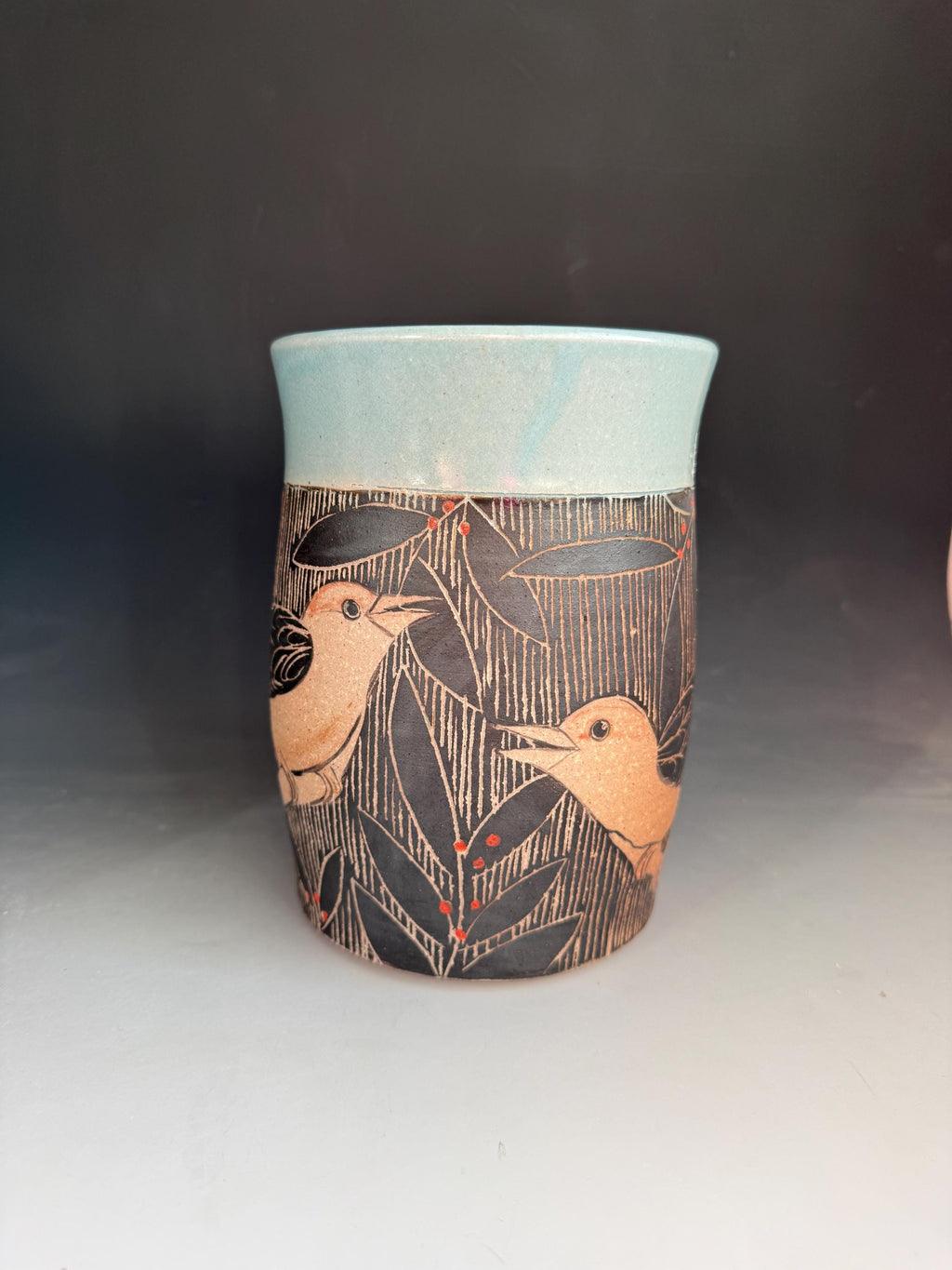 Handmade Sgraffito Bird Pottery Vase: Stoneware Spoon Jar, Hand painted Vase. Colorado Artist.