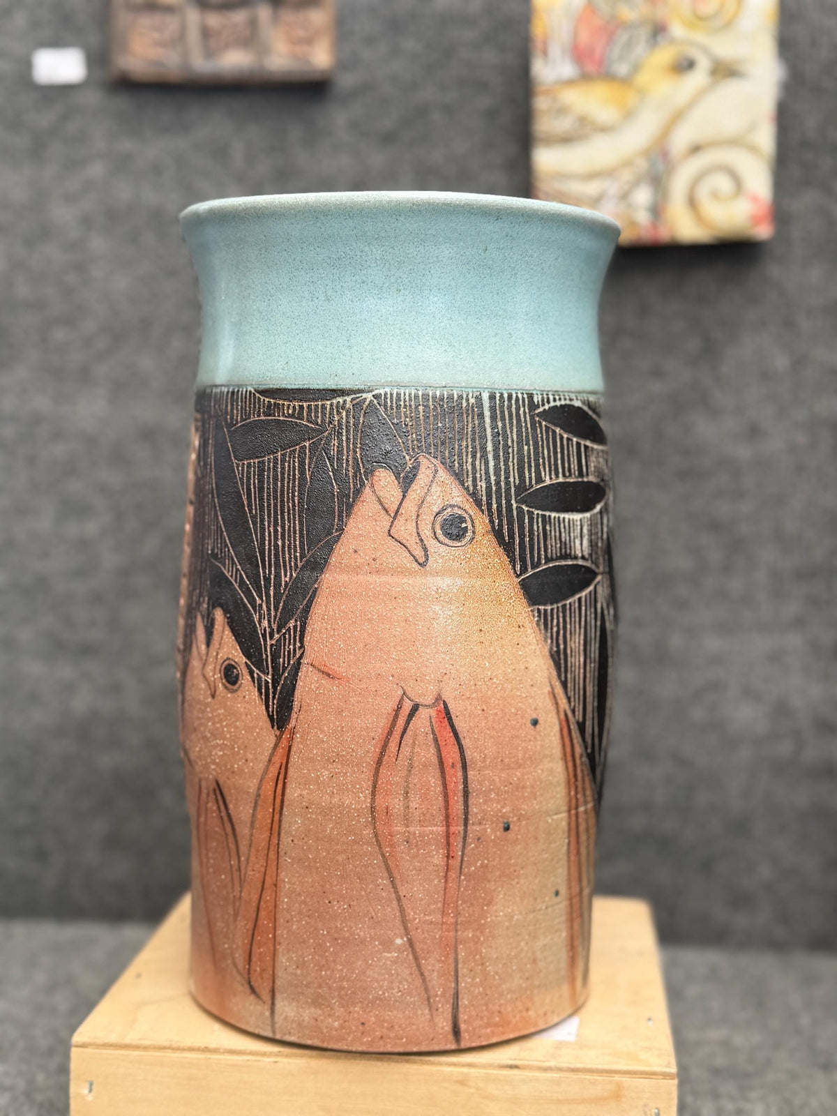 Large Art Nouveau fish vase. Sgraffito Art Deco 11 inch vase. Gift for Dad.Hand Painted pottery vase.Office decor.