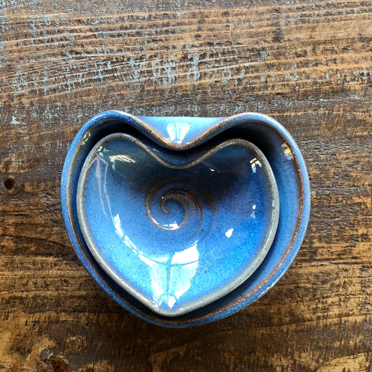 Blue Pottery Heart Nesting Bowls: Handmade Ceramic Set. Wedding gift. valentine gift