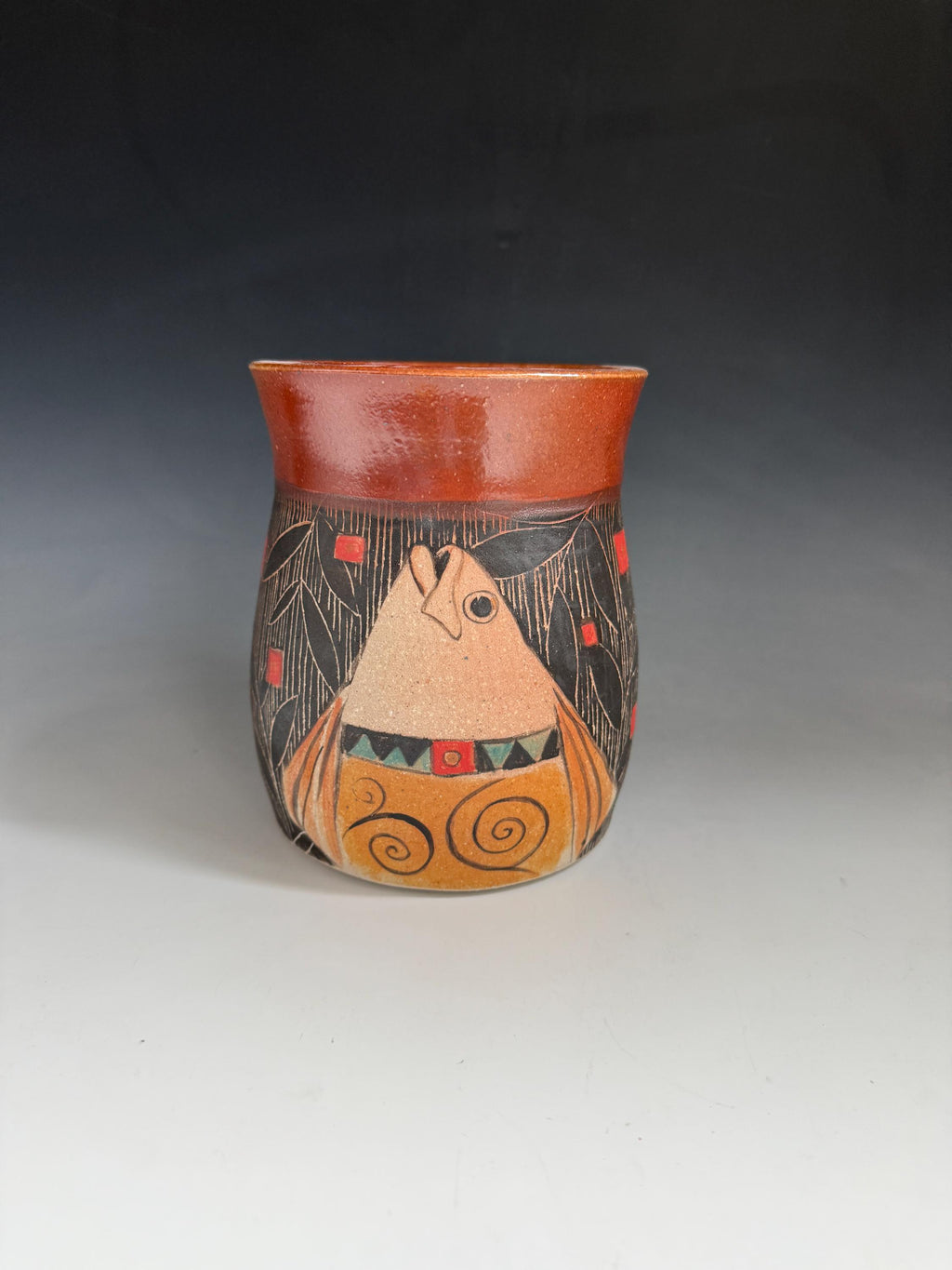 Art Nouveau Fish Vase, Hand-Painted Sgraffito Soda Fired Pottery