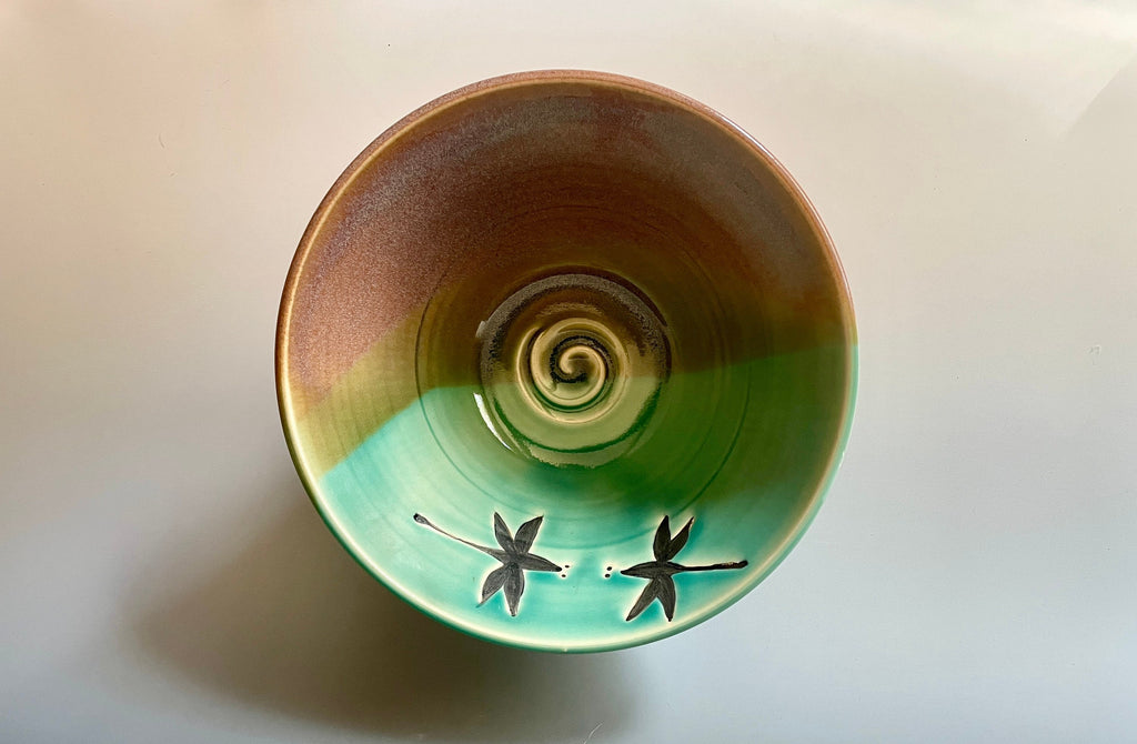 Handmade Ceramic Dragonfly Bowl: Teal Glaze Pottery, 8 inch