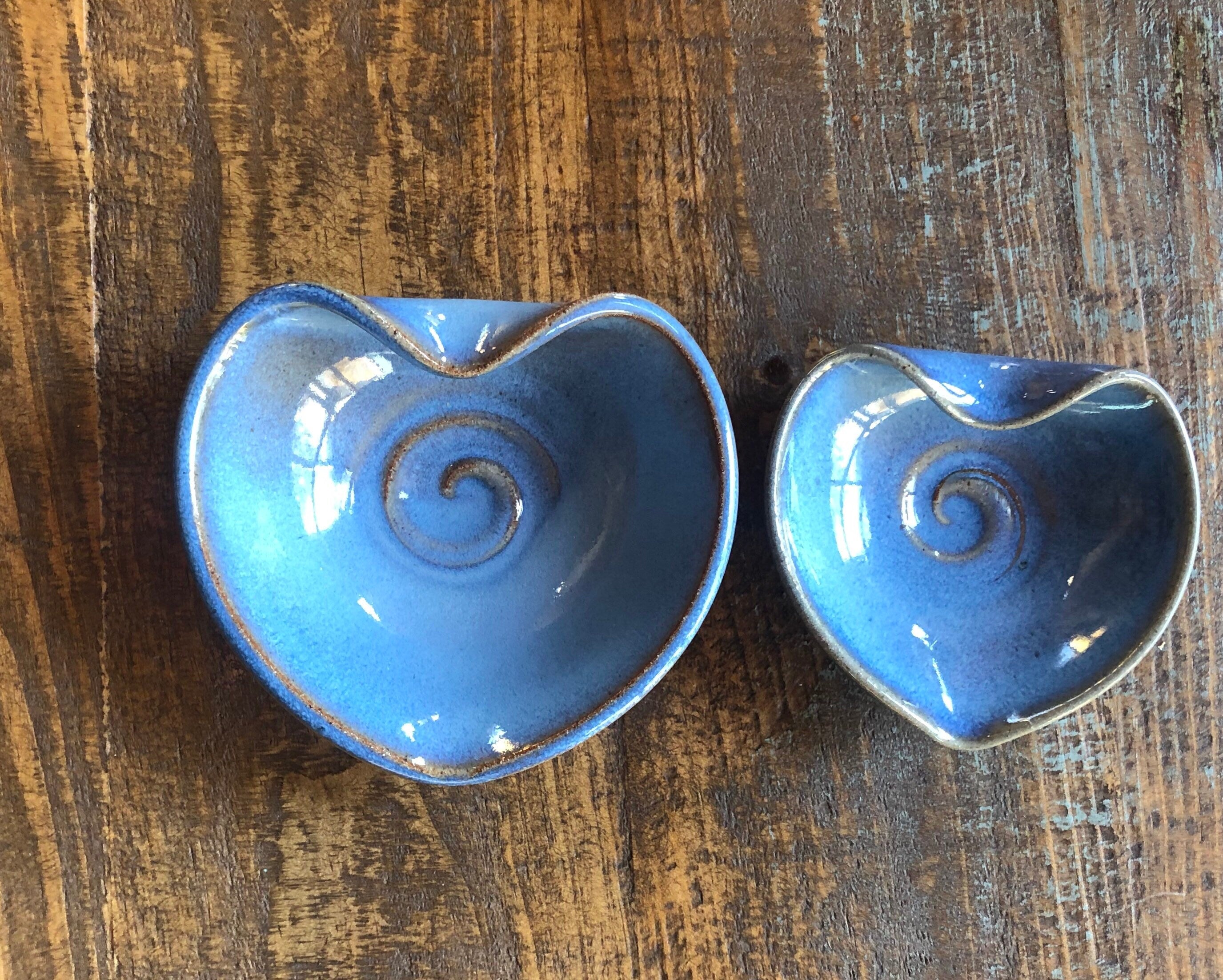 Blue Pottery Heart Nesting Bowls: Handmade Ceramic Set. Wedding gift. valentine gift