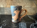 Handmade pottery bird coffee cup, 10 ounce soda fired mug.