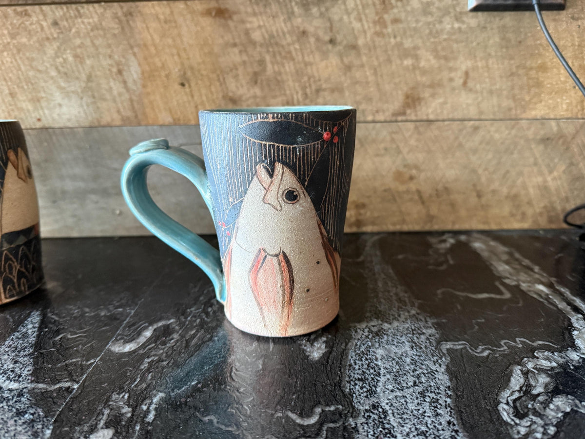 Handmade Pottery Fish Coffee Mug: Sgraffito Design, Soda Fired, 14 oz