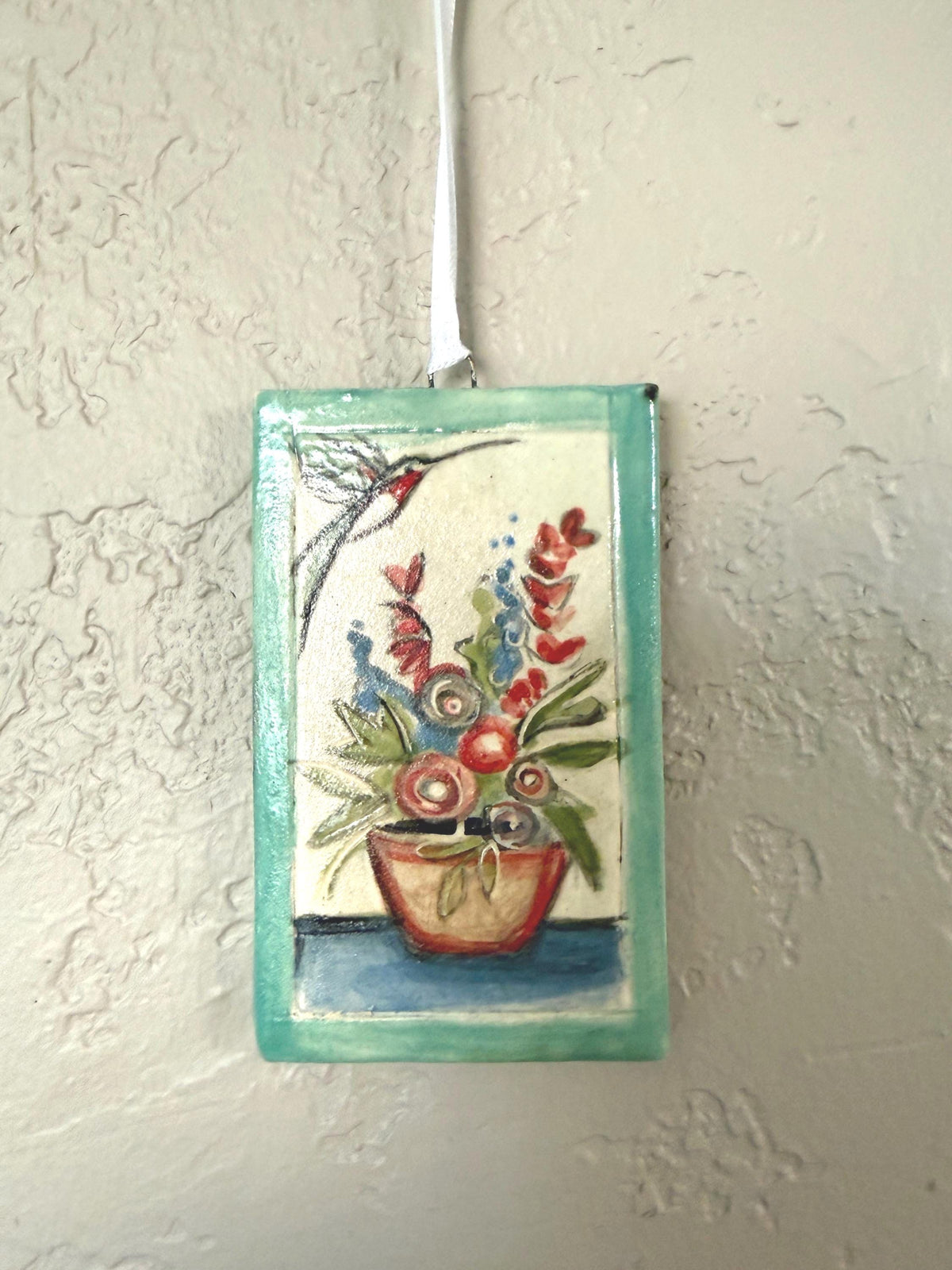 Hand Painted Ceramic Tile: Hummingbird Floral Art. Small ceramic tile. Humming bird and floral still life.